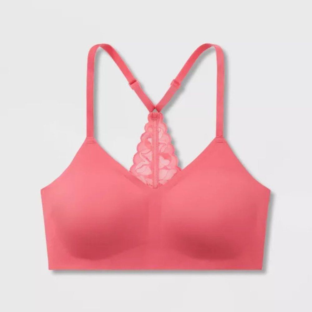 True & Co True Everybody V-Neck Racerback Bra Bralette Rose Pink Small NEW